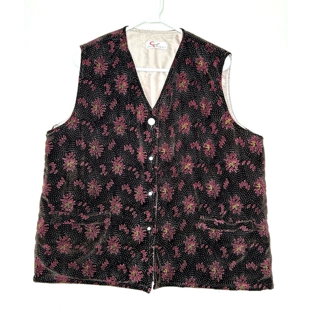 Vintage Floral Black & Pink Quilted Velour Vest - Plus Size XXL